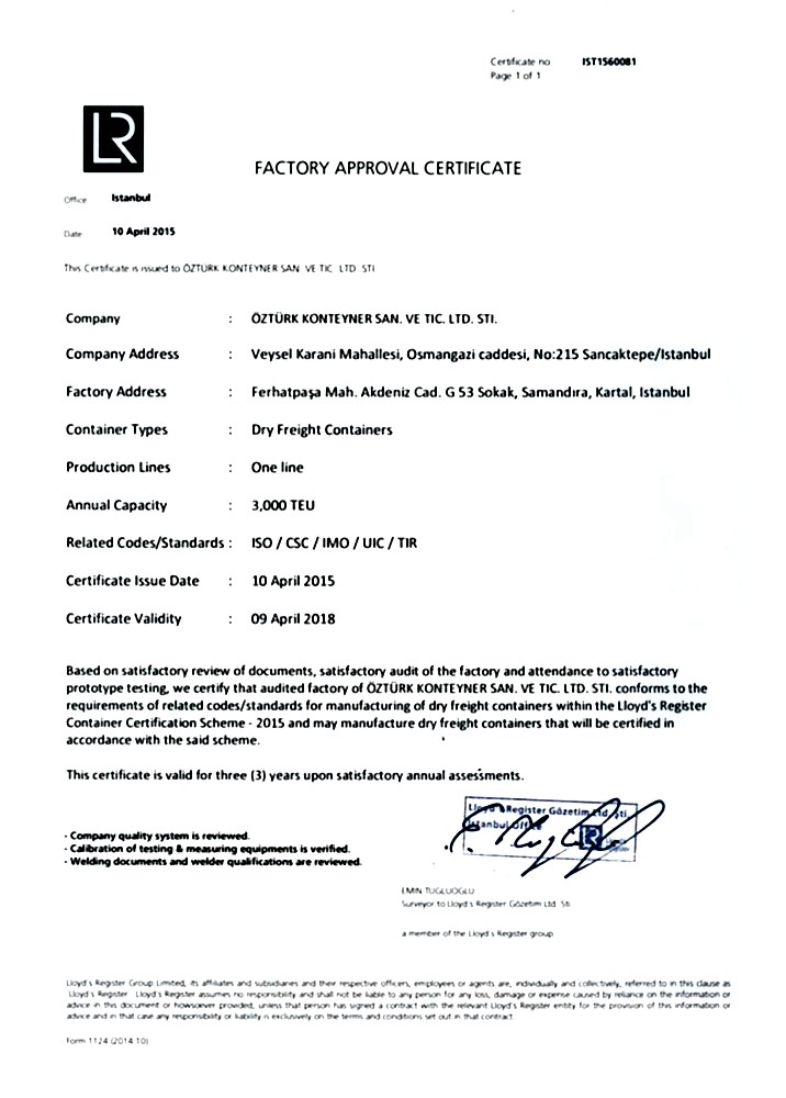 Ozturk Container - Factory Approval Certificate